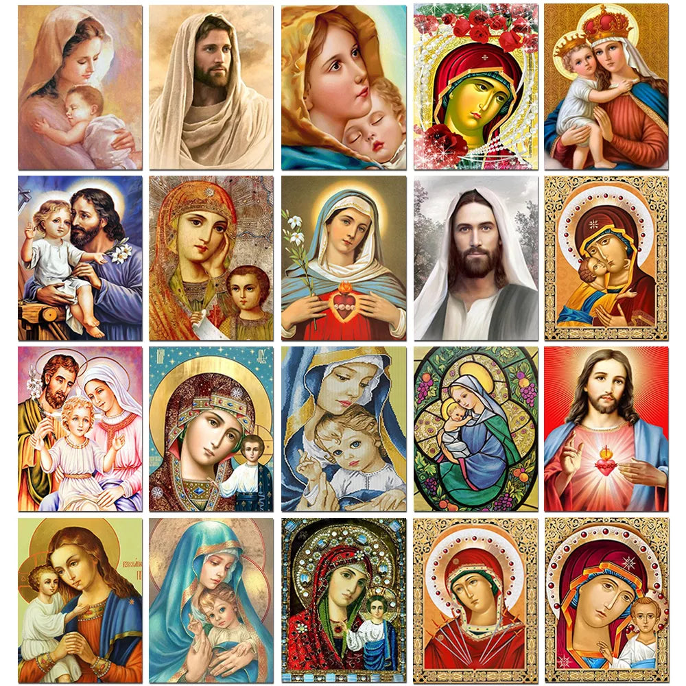Pintura de diamante 5D religiosa Madonna Jesús, bordado de diamantes, mosaico DIY, punto de cruz redondo completo, decoración del hogar, promoción