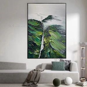 3D Texture Art Canvas Abstract Green Mountain Handmade Oil Painting Wall Decoration Poster Living Room Bedroom Restaurant Mural
