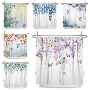 Green Leaves Plant Flower Butterfly Shower Curtain Wild Animal Waterproof Fabric Bath Curtain Bathroom Accessorie Decor