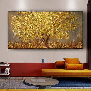Cuadro sobre lienzo para pared de árbol dorado abstracto pintado a mano de alta calidad, pinturas al óleo modernas, decoración de pared, cuadros para sala de estar