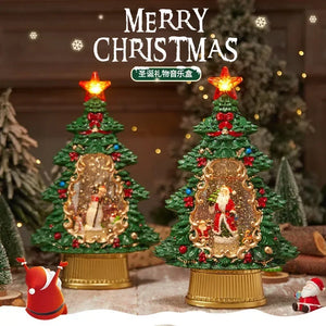 Schneitendes Kristallkugel-Nachtlicht mit Vintage-Weihnachtswindlampe, rotierender Karussell-Spieluhr, achtfarbiger Box, individuelle Gestaltung