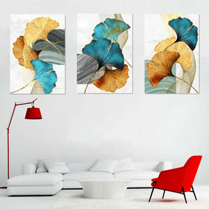 Blue Green Yellow Gold Leaf Plant Flower Canvas Poster Abstract Painting Wall Art Print Living Room Decoration