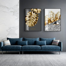 Carica l&#39;immagine nel visualizzatore della Galleria, Nordic Golden abstract leaf fiore Wall Art Canvas Painting Piume bianche nere Stampa poster Immagine da parete per la decorazione del soggiorno