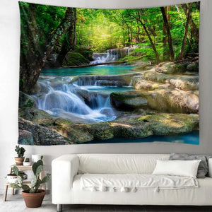 Hermoso tapiz de cascada natural con estampado de bosque, paisaje marino hippie, tapiz de pared bohemio, decoración de pared con mandala