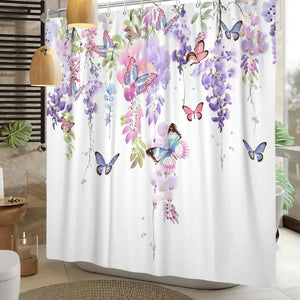 Cortina de ducha con hojas verdes, planta, flor, mariposa, Animal salvaje, tela impermeable, cortina de baño, accesorios de decoración para el baño