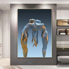Carica l&#39;immagine nel visualizzatore della Galleria, Figura astratta in metallo Pittura su tela Coppia Poster e stampe Arte moderna della parete Immagini di sculture dorate per la decorazione del soggiorno