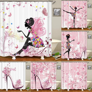 Pink Flower Butterfly Girls Shower Curtains Bathroom Curtain Fabric Waterprood Polyester For Bath Decor Bath Curtain With Hooks