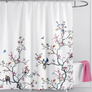 Cortina de ducha rosa con forro, estampado Floral de pájaros y mariposas, cortina de ducha de tela para bañera, decoración de baño, cortina de baño impermeable