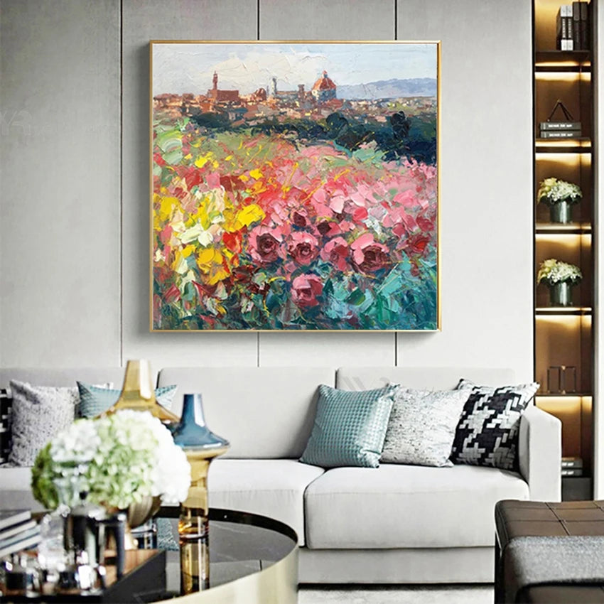 Sunset Scenery Bouquet Nordic Abstract Pure Handmade Oil Painting Home Decoration For Bedroom Dining Room Living Room Sofa Mural