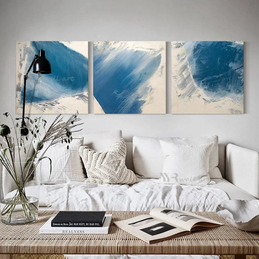 Abstract Blue Texture Mural Wall Art Canvas Handmade Oil Painting 3 Pcs Home Decor Posters Living Room Sofa Bedroom Restaurant