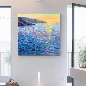 High Quality Sunset And Blue Sea Handmade Oil Painting Home Decoration Painting Living Room Dining Room Bedroom Wall Decoration