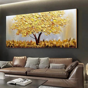 Cuchillo pintado a mano, pintura al óleo de árbol dorado sobre lienzo, paleta grande, pinturas 3D para sala de estar, imágenes artísticas de pared abstractas modernas