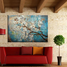 Cargar imagen en el visor de la galería, Pintado a mano textura gruesa árbol de flores azul pintura al óleo moderna sobre lienzo, carteles de arte Pop imagen de pared sala de estar, decoración del hogar