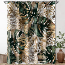 Cargar imagen en el visor de la galería, Cortina de ducha Tropical hawaiana verde, oro verde, planta con hojas tropicales, cortina de baño, conjunto de cortina de baño de jungla botánica