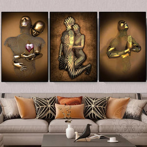 Abstract Gold Metal Figure Statue Canvas Painting Romantic Lover Sculpture Poster Print Wall Art Picture Room Home Decor Cuadros