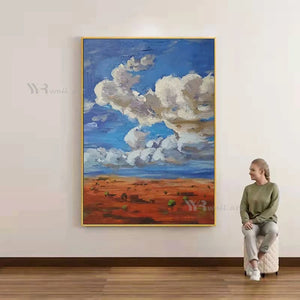 Vertical Landscape Painting Abstract Handmade Canvas Oil Painting Modern Minimalist Blue Sky White Clouds Wall Decor Art Poster