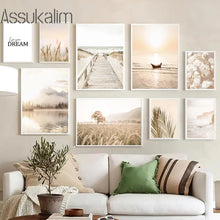 Laden Sie das Bild in den Galerie-Viewer, Beige Landschaft Wand Poster Brücke Kunstdrucke Heu Reed Blumen Leinwand Malerei Nordic Wand Bilder Wohnzimmer Dekoration