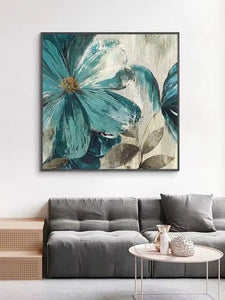 Nordic Modern Abstract Large Blue Flowers Pure Handmade Oil Painting For Home Decoration  Bedroom  Dining Room Living Room Mural