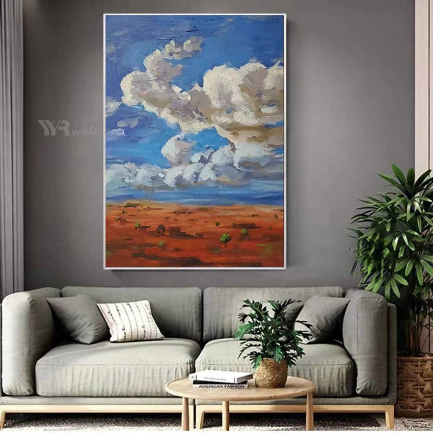 Vertical Landscape Painting Abstract Handmade Canvas Oil Painting Modern Minimalist Blue Sky White Clouds Wall Decor Art Poster