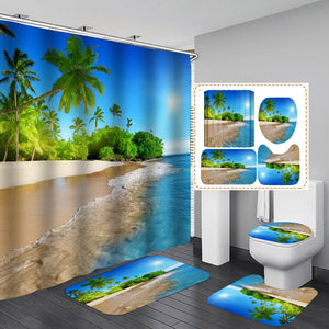 Cortinas de ducha impermeables con árbol de coco y playa al atardecer en 3D, juegos de baño de poliéster púrpura, cubierta de tapa de inodoro, alfombra de baño antideslizante