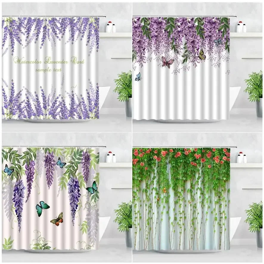 Cortina de ducha con flores y mariposas, conjunto de decoración para el baño con estampado de flores, lavanda, vid, acuarela, planta con hojas, cortinas de baño