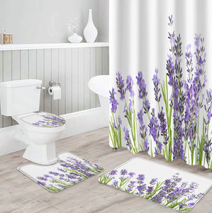Purple Lavender Shower Curtain Sets Non-Slip Rugs Toilet Lid Cover and Bath Mat Waterproof Bathroom Curtains