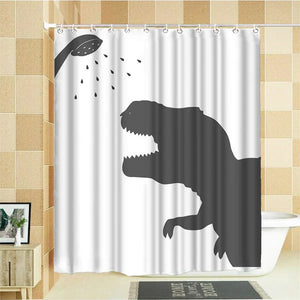 Revestimiento de cortina de ducha de gatos y perros lloviendo para niños, cortina de ducha de tela con estampado de silueta de dinosaurio de dibujos animados de nubes y gotas de lluvia