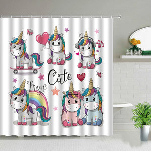 Creative Cartoon Unicorn Pink Girl Cute Shower Curtain Windproof Bathroom Layout Home Decoration with 12 Hooks Bath Curtain
