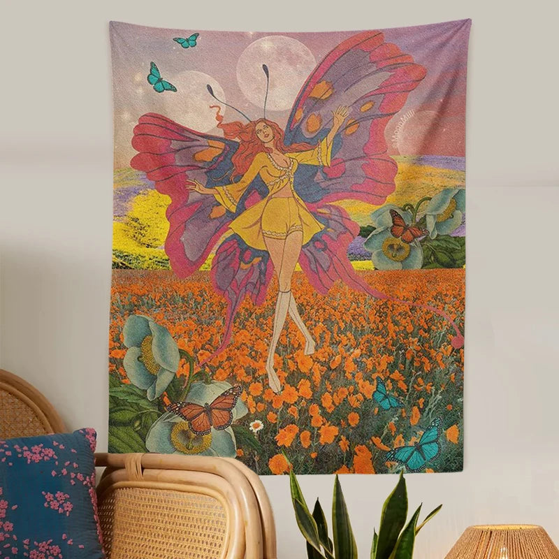 Vintage Tapestry Butterfly Girl Wall Hanging 70s Butterfly sun moon Tapestries background Trippy Hippie Wall Dorm Decor print