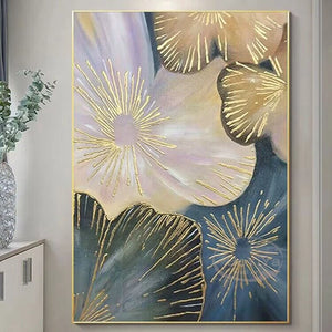 Gold Blue White Flowers Nordic Modern Abstract Pure Handmade Oil Painting Home Decoration Bedroom Dining Room Living Room  Mural