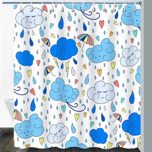 Raining Cats and Dogs Shower Curtain Liner For Kids Clouds and Raindrops Cartoon Dinosaur Silhouette Print Fabric Shower Curtain