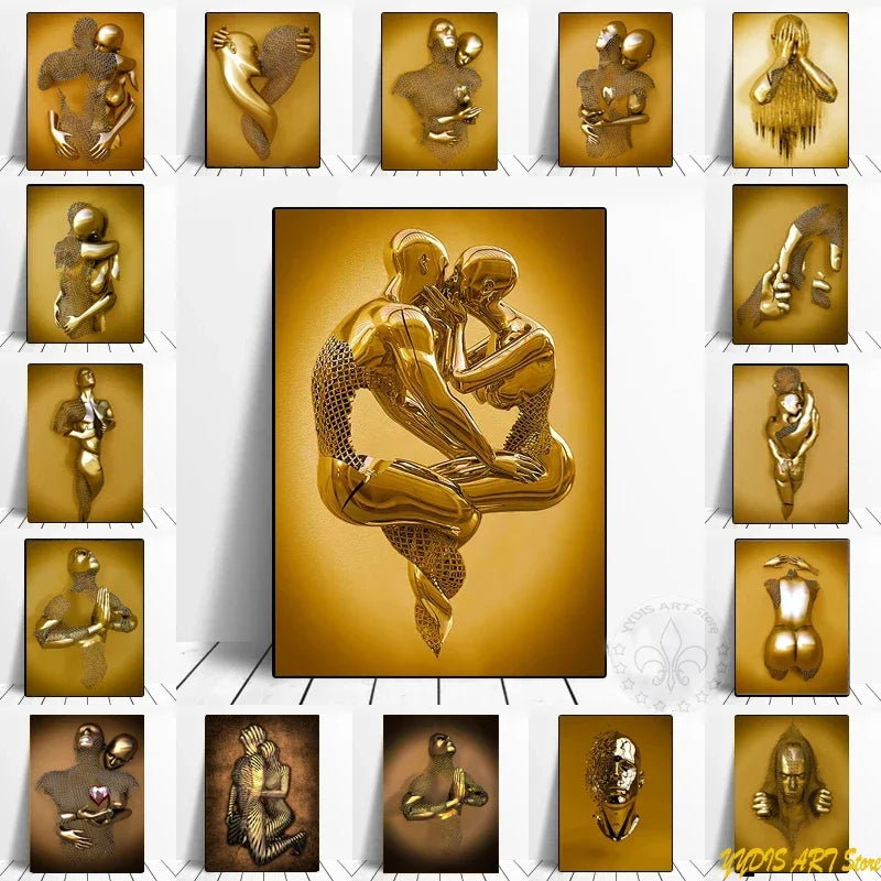 Figura de Metal dorado abstracto, pintura en lienzo, escultura de amante romántico, póster impreso, imagen artística de pared, decoración del hogar para habitación, Cuadros