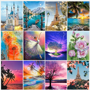 Peinture diamant paysage de coucher de soleil, arbre de mer, fleur, broderie 5D, mosaïque en strass, images, artisanat d'art, décoration de maison, à faire soi-même