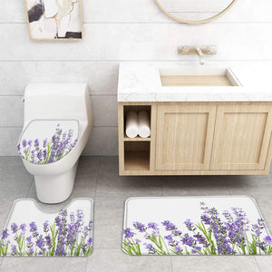 Lila Lavendel-Duschvorhang-Sets, rutschfeste Teppiche, WC-Deckelbezug und Badematte, wasserdichte Badezimmervorhänge