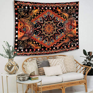 Orange Sonne und Mond Wandteppich Wandbehang Indie Hippie Mandala Coole Wandteppiche Ästhetischer Wandteppich für Schlafzimmer Wohnzimmer
