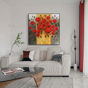 Red Floral Home Decorative Painting Handmade Oil Painting Canvas Wall Art Hanging Picture Modern Abstract Acrylic Texture Mural