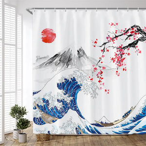 Cortina de ducha con flores y plantas de tinta, cortinas de baño con flores de cerezo japonesas, ciruela roja, estampado de acuarela, conjunto de decoración para el baño blanco moderno