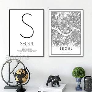 Mapa de Corea del Sur, póster artístico en blanco y negro, mapa de la calle de la ciudad de Seúl, cuadro sobre lienzo para pared, decoración de oficina