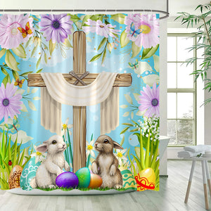 Cortinas de ducha de Pascua, divertido conejo, huevo, flores moradas, plantas, mariposa, conejito, cortina de baño, tela de poliéster, ganchos de decoración para el baño