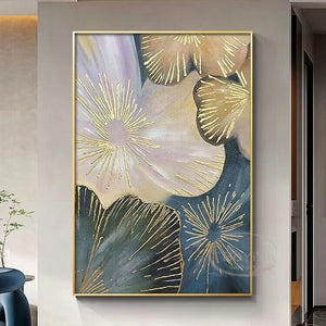 Gold Blue White Flowers Nordic Modern Abstract Pure Handmade Oil Painting Home Decoration Bedroom Dining Room Living Room  Mural