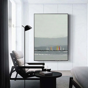 Modern Minimalist Grey Seascape Abstract Painting Wall Decor Art Mural Handmade Canvas Oil Painting Living Room Bedroom Porch