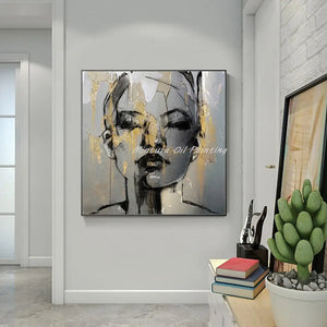 Mintura Handmade Texture Gold Women Face Oil Paintings on Canva Modern Abstract Wall Art,Picture for Living Room,Home Decoration