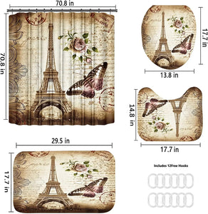 Ensemble de rideaux de douche rose tour Eiffel, 4 pièces, avec tapis antidérapants, tapis de bain en forme de U, couverture d'abattant de toilette, décor de salle de bain saint-valentin