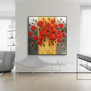 Red Floral Home Decorative Painting Handmade Oil Painting Canvas Wall Art Hanging Picture Modern Abstract Acrylic Texture Mural