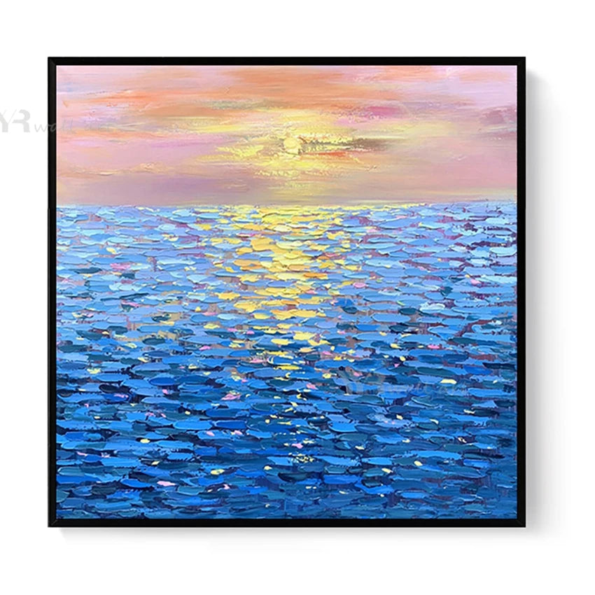 High Quality Sunset And Blue Sea Handmade Oil Painting Home Decoration Painting Living Room Dining Room Bedroom Wall Decoration