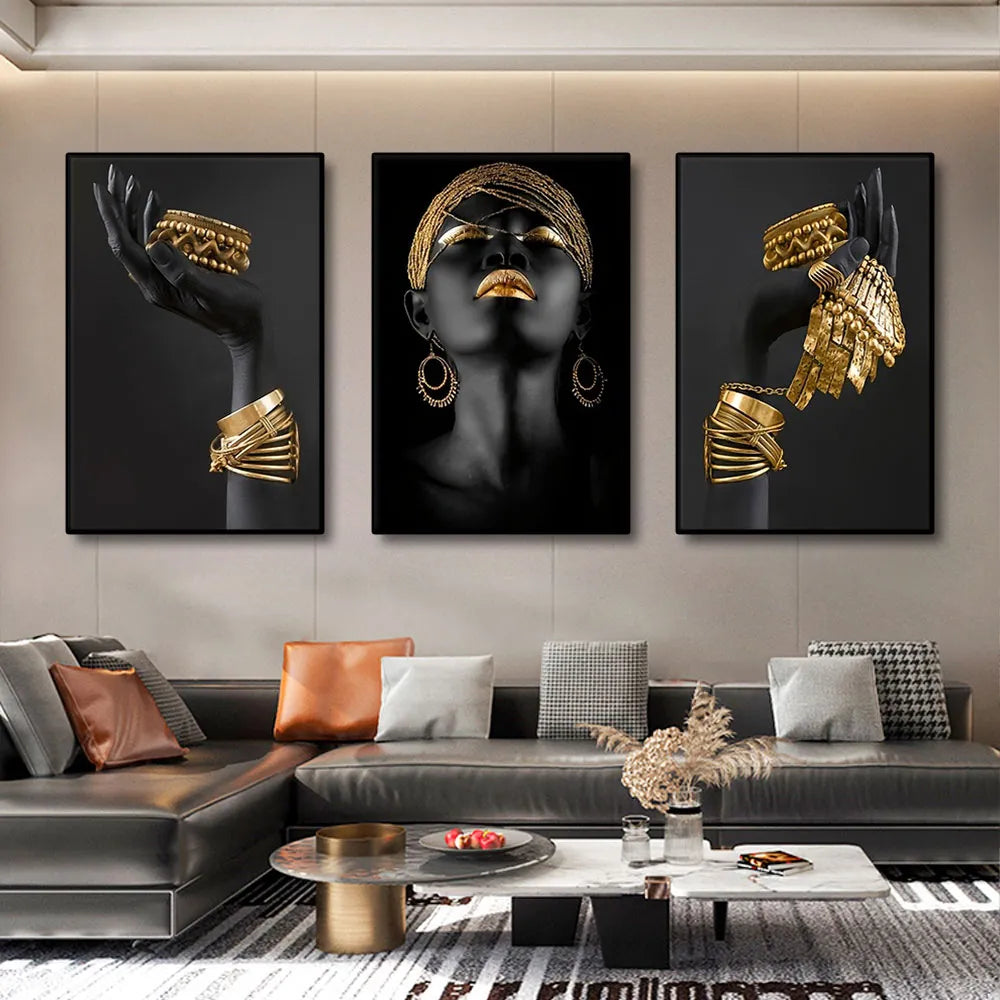 Affiches d'art murales pour femmes noires africaines, 3 pièces, avec bijoux en or, toile imprimée parfaite pour salon, décoration artistique murale pour la maison, photos