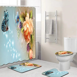 Cortina de ducha con estampado de mariposas y flores moradas para el hogar, cubierta de alfombra de 4 piezas, cubierta de inodoro, juego de alfombrillas para baño, cortina de baño