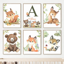 Load image into Gallery viewer, Woodland Nursery Prints Forest Animal Deer Rabbit Bear Fox Custom Wall Art Canvas Painting Poster Wall Pictures Kids Room Decor