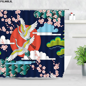 Koi Flowers Shower Curtains Carp Crane Pink Floral Birds Asian Chinese Style Bath Curtain Polyester Fabric Bathroom Decor Hooks
