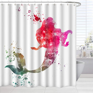 Cortina de ducha de sirena con cola de pez para niñas y niños, conjunto de decoración para el baño con dibujos de corazón de océano, pelo morado colorido, tela impermeable